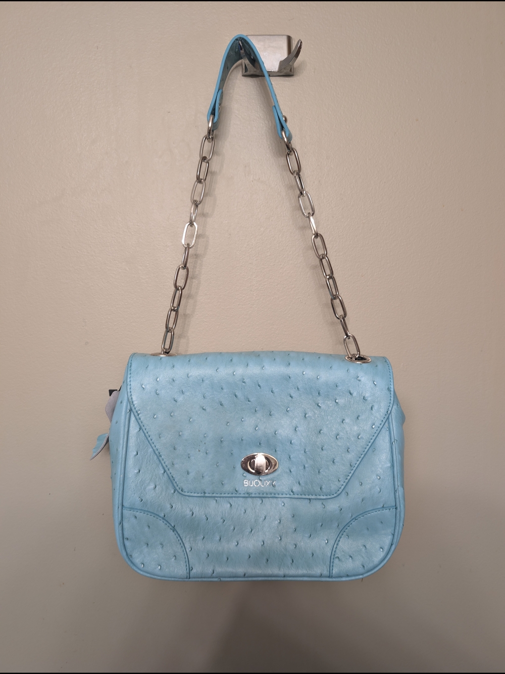 Light Blue Faux Ostrich Shoulder Bag with Silver Chain